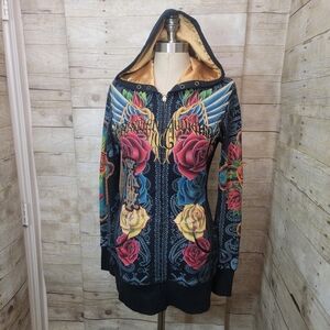 Vintage Ed Hardy Christian Audigier Spell Out Corazon & Roses Women's Med Hoodie